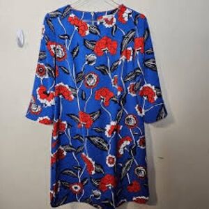 Boden Isabelle Shift 3/4 Long Sleeve Dress Floral Blue and Red Size 18L